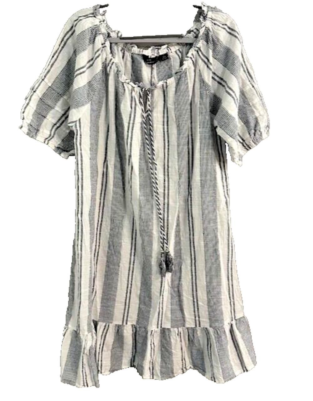 Mille Gabriele Cotton Gauze Dress XL Gray Stripe Tassel Ruffle Hem Boho Tunic
